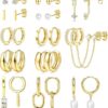 BESTEEL 13 Pairs Small Stud Hoop Earrings Set for Women Hypoallergenic Gold Plated Huggie Hoops Pearl Dainty Lightweight Earrings for Gift