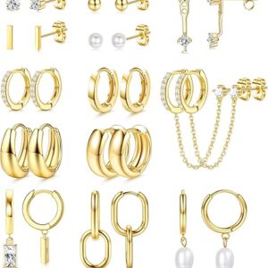 BESTEEL 13 Pairs Small Stud Hoop Earrings Set for Women Hypoallergenic Gold Plated Huggie Hoops Pearl Dainty Lightweight Earrings for Gift