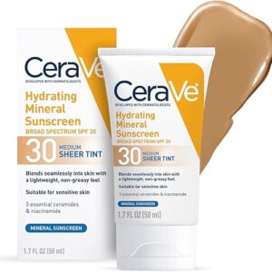 CeraVe Hydrating Mineral Sunscreen SPF 30 with Sheer Tint, Tinted Mineral Sunscreen with Zinc Oxide & Titanium Dioxide, Blends Seamlessly For Healthy Glow, Medium, 1.7 Fluid Ounce