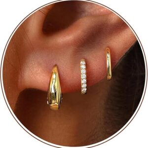 Poxtex Small Sterling Silver Huggie Hoop Earrings Set for Women, Hypoallergenic 14K Gold Plated Hoops Stacks for Multiple Piercings, Dainty Cute Mini Lightweight Cartilage Studs Trendy Jewelry Gift