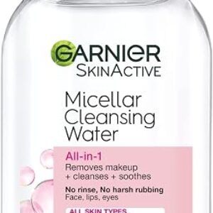 Garnier Micellar Cleansing Water, All-in-1 Makeup Remover and Facial Cleanser, For All Skin Types, 3.4 Fl Oz (100mL), 1 Count (Packaging May Vary)