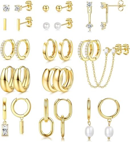 BESTEEL 13 Pairs Small Stud Hoop Earrings Set for Women Hypoallergenic Gold Plated